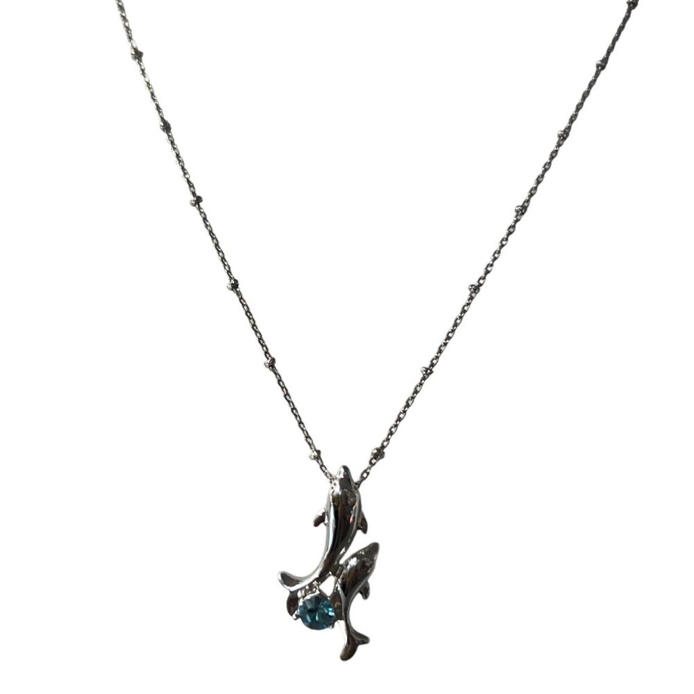 Silver 18ktgp Necklace Double Dolphin Pendant Blue Crystal Rhinestone 18" 5.89g